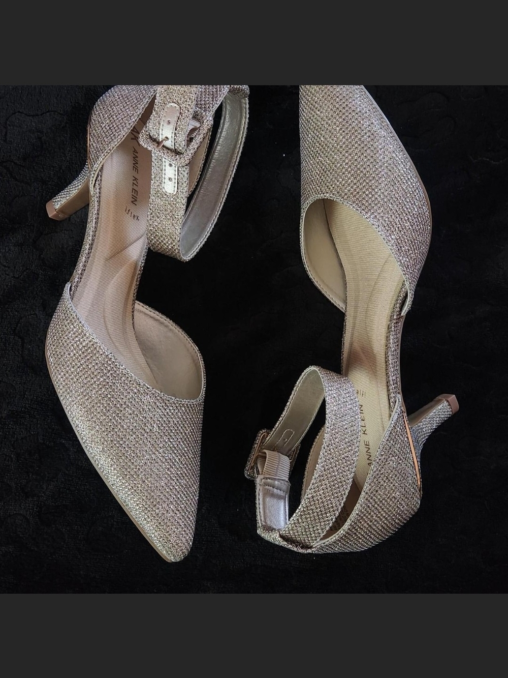 Anne Klein Shimmer Pointed-Toe Ankle-Strap Heels in Metallic Gold
